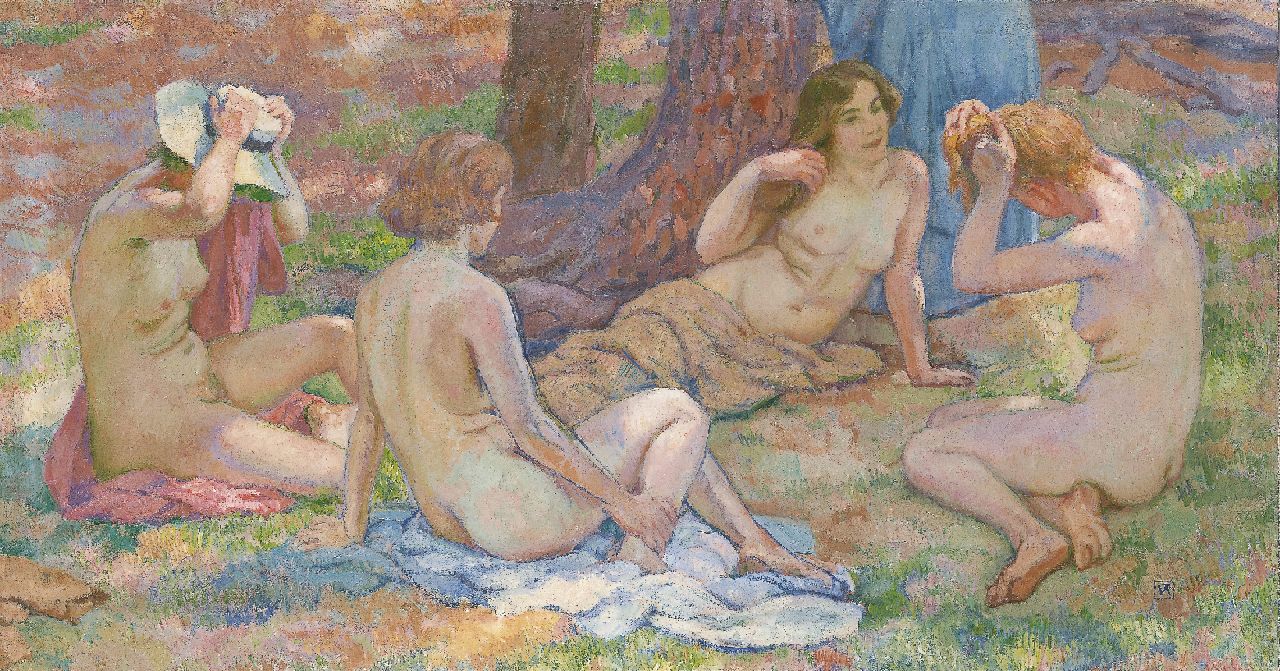 Rysselberghe Th. van | Théodore 'Théo' van Rysselberghe, Women bathing, oil on canvas 63.0 x 119.5 cm, signed l.r. with monogram and painted circa 1926