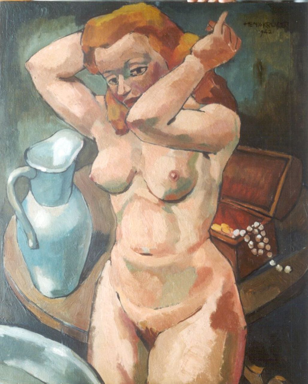 Krijger H.  | Hendrik Cornelis 'Henk' Krijger, A female nude, oil on panel 64.5 x 54.0 cm, signed u.r. and dated 1942