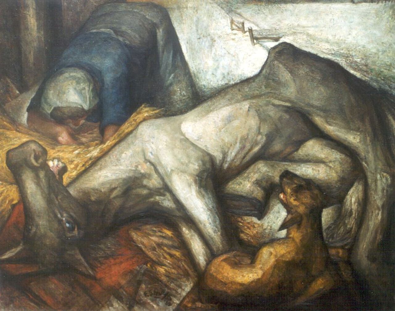 Eshuijs H.J.  | Hendrikus Jacobus Eshuijs, A dying horse, oil on canvas 91.5 x 115.0 cm, signed l.c. and dated '62