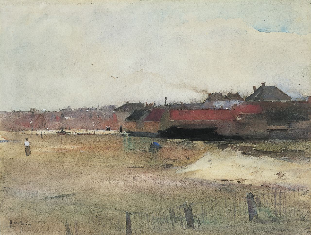 Arntzenius P.F.N.J.  | Pieter Florentius Nicolaas Jacobus 'Floris' Arntzenius, A view of a village, seen from the beach, watercolour on paper 29.8 x 39.4 cm, signed l.l. and dated '90/'95