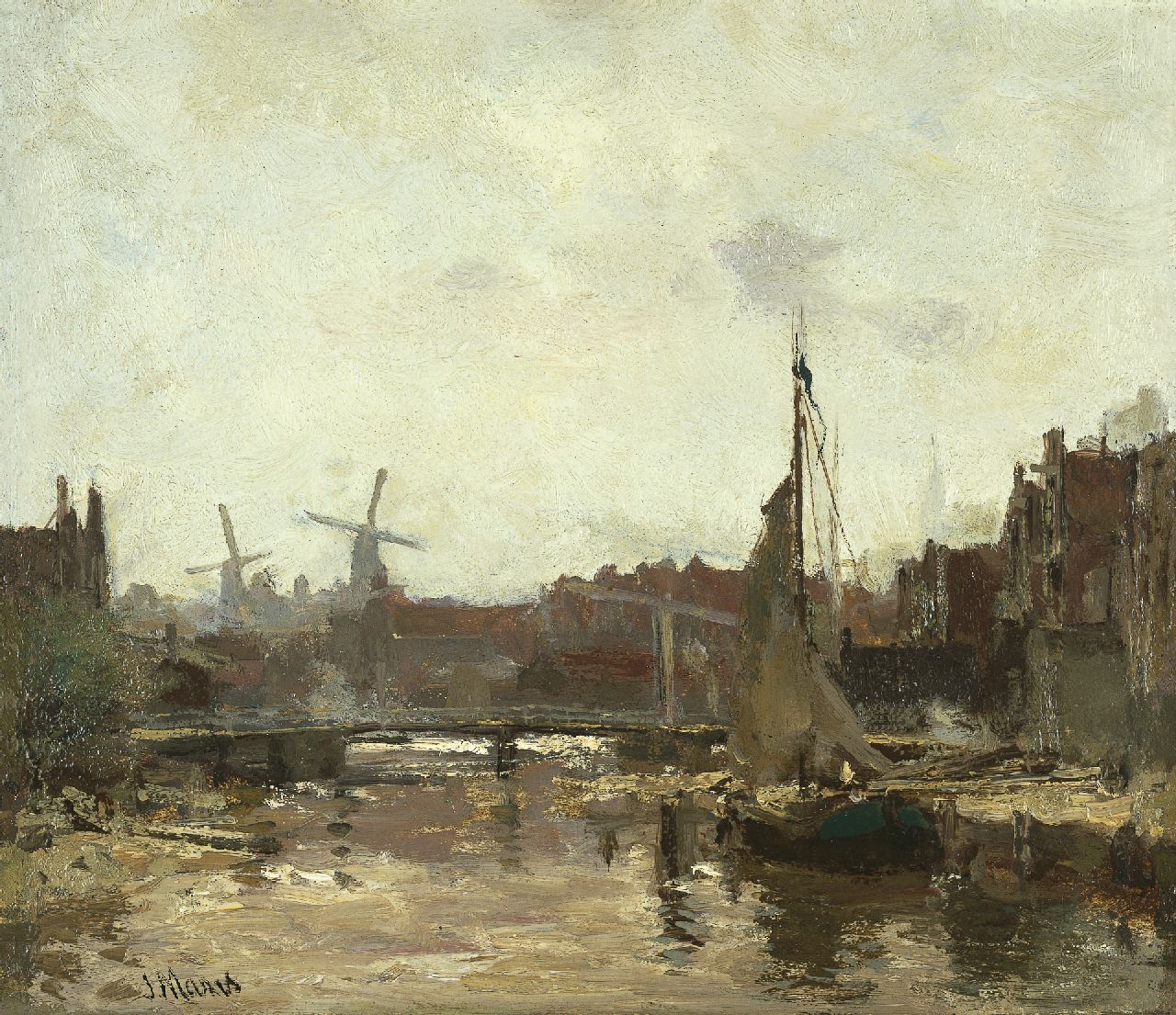 Maris J.H.  | Jacobus Hendricus 'Jacob' Maris, A view of Schiedam, oil on panel 24.3 x 28.1 cm, signed l.l.