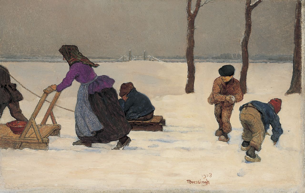 Roessingh L.A.  | Louis Albert Roessingh, A winter landscape with children playing, oil on panel 21.4 x 32.4 cm, signed c.r. and dated 1908