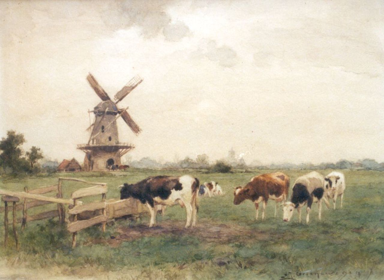 Groenewegen A.J.  | Adrianus Johannes Groenewegen, Cows in a landscape, watercolour on paper 30.9 x 40.3 cm, signed signed l.r.