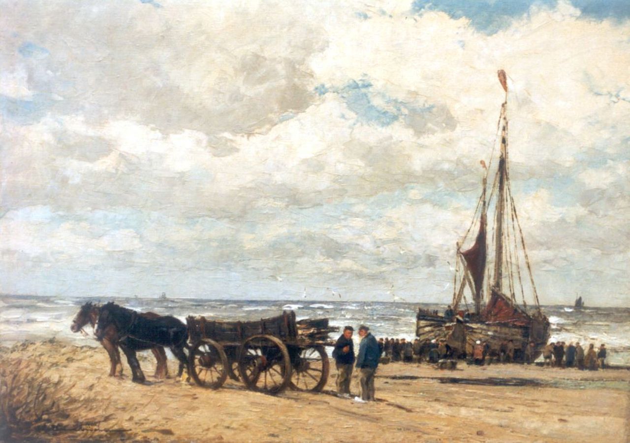 Hambüchen W.  | Wilhelm Hambüchen, Fisherfolk unloading the catch, oil on canvas 60.2 x 80.2 cm, signed l.l.