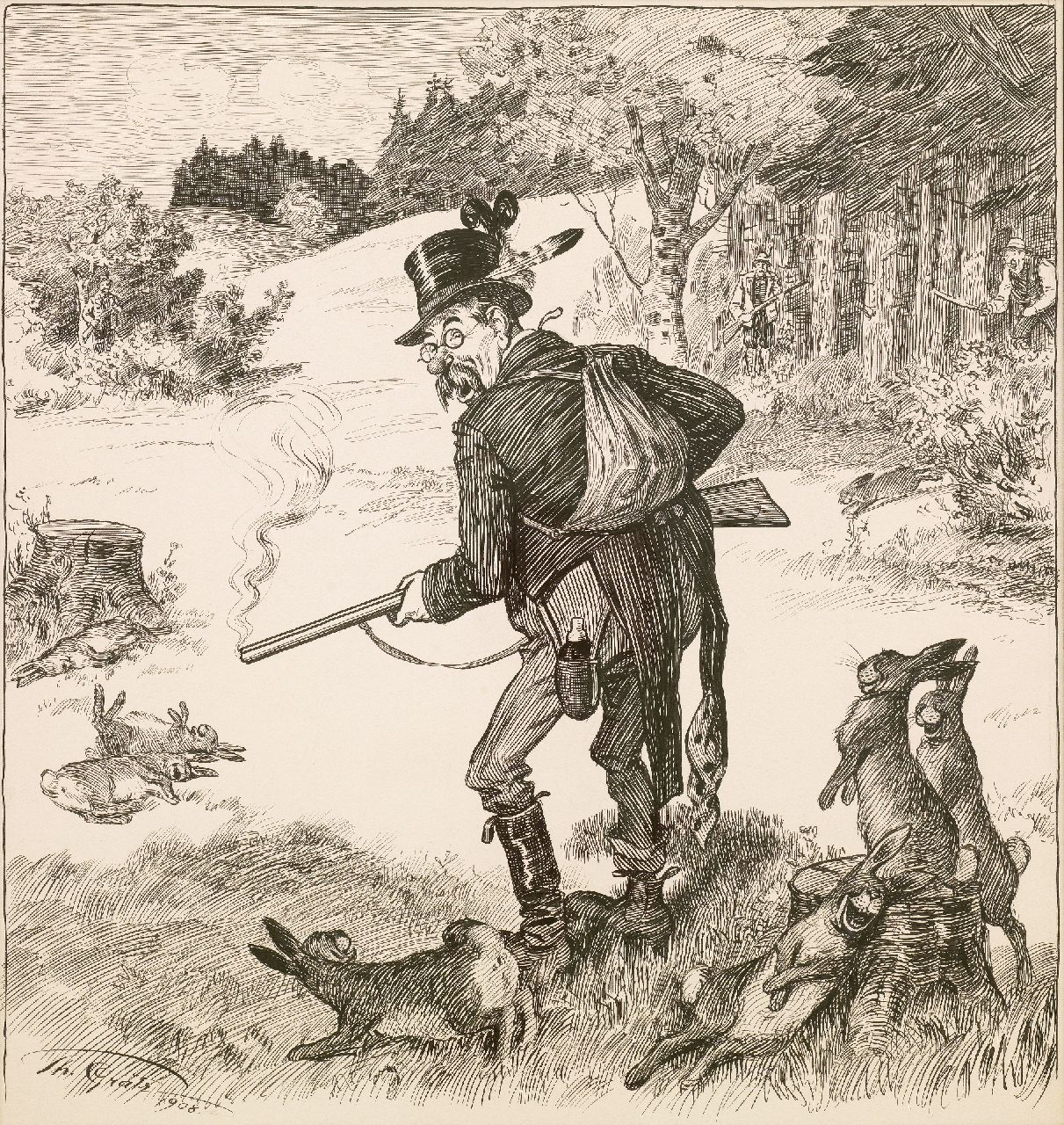 Graetz Th.  | Theodor Graetz, The sharp rifleman, pen and ink on paper 40.0 x 42.0 cm, signed l.l. and dated 1908