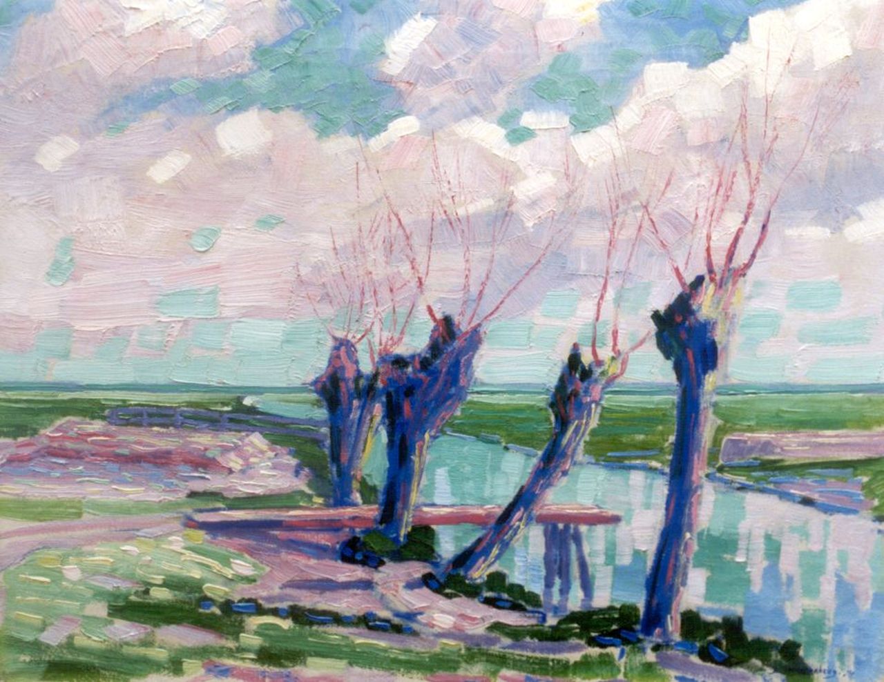 Smorenberg D.  | Dirk Smorenberg, Willows along a stream, oil on canvas 40.5 x 51.0 cm, signed l.r. and dated '14