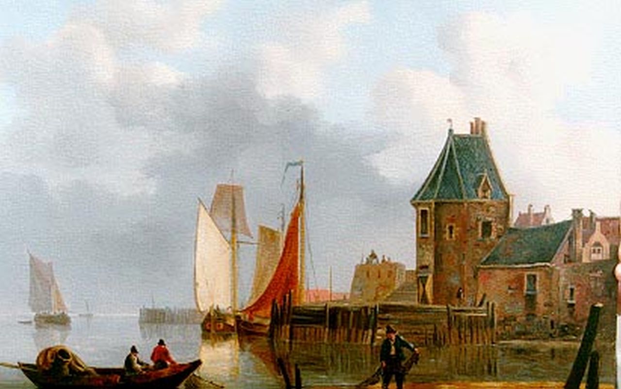 Blijk F.J. van den | Frans Jacobus van den Blijk, Moored fishing boats, fort Rammekes (Westerschelde), oil on panel 27.7 x 36.9 cm
