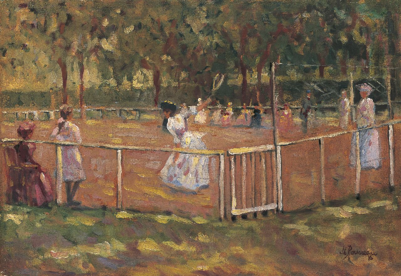 Rousseau M.  | Marguerite Rousseau, Playing tennis (after composition of John Lavery), oil on panel 38.0 x 55.0 cm, signed l.r. and dated '16