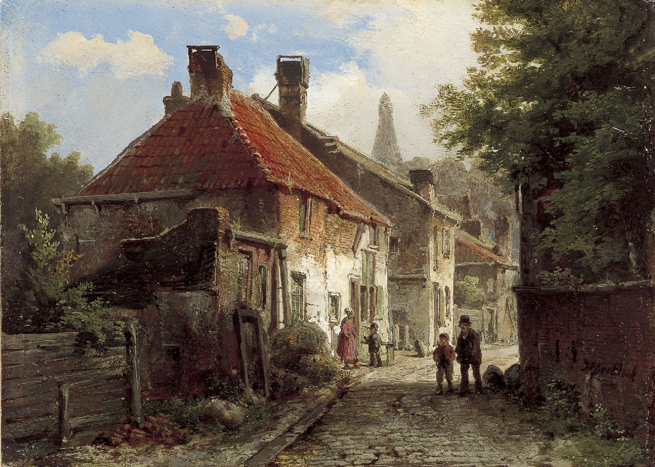 Koekkoek W.  | Willem Koekkoek, A sunlit street, IJsselstein, oil on panel 17.1 x 23.9 cm, signed l.r.