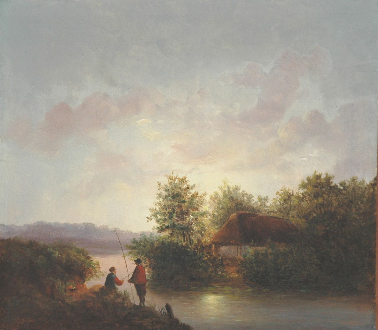 Hans J.G.  | Josephus Gerardus Hans, Anglers in a river landscape by sunset, oil on panel 27.1 x 31.1 cm, signed l.l. and dated '47