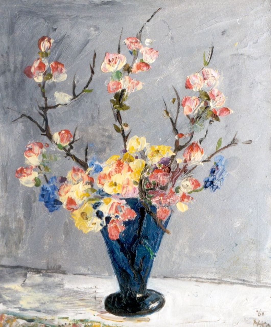 Kamerlingh Onnes H.H.  | 'Harm' Henrick Kamerlingh Onnes, A vase with flowering sprigs, oil on board 30.4 x 24.0 cm, signed l.r. with monogram and dated '61