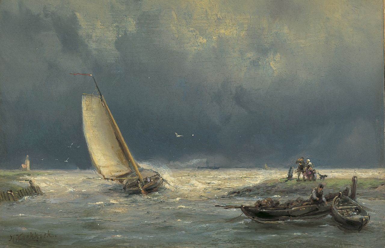 Koekkoek H.  | Hermanus Koekkoek, A vessel in stormy waters, oil on panel 13.8 x 21.0 cm, signed l.l.