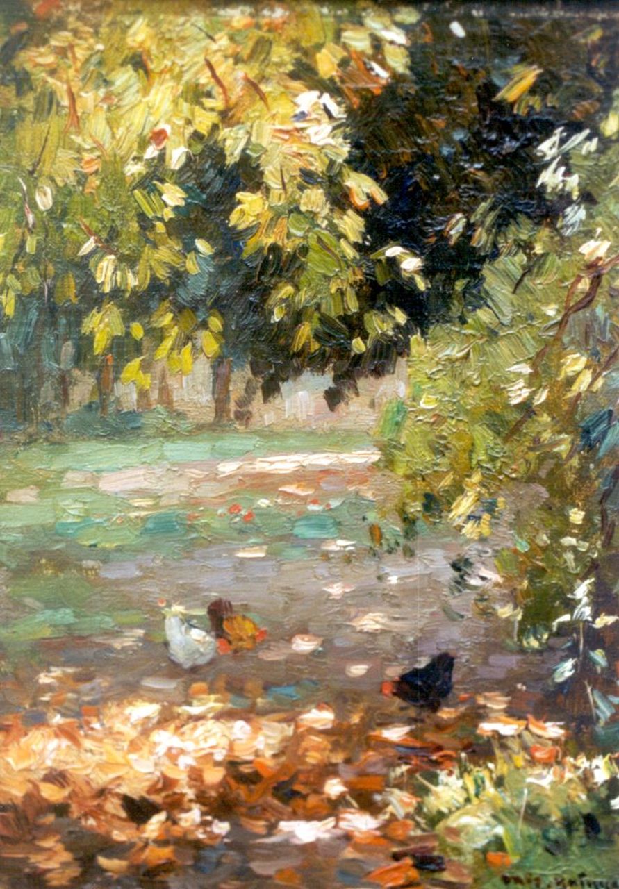 Knikker A.  | Aris Knikker, Chickens in a forest lanscape, oil on canvas laid down on painter's board 23.9 x 18.0 cm, signed l.r.