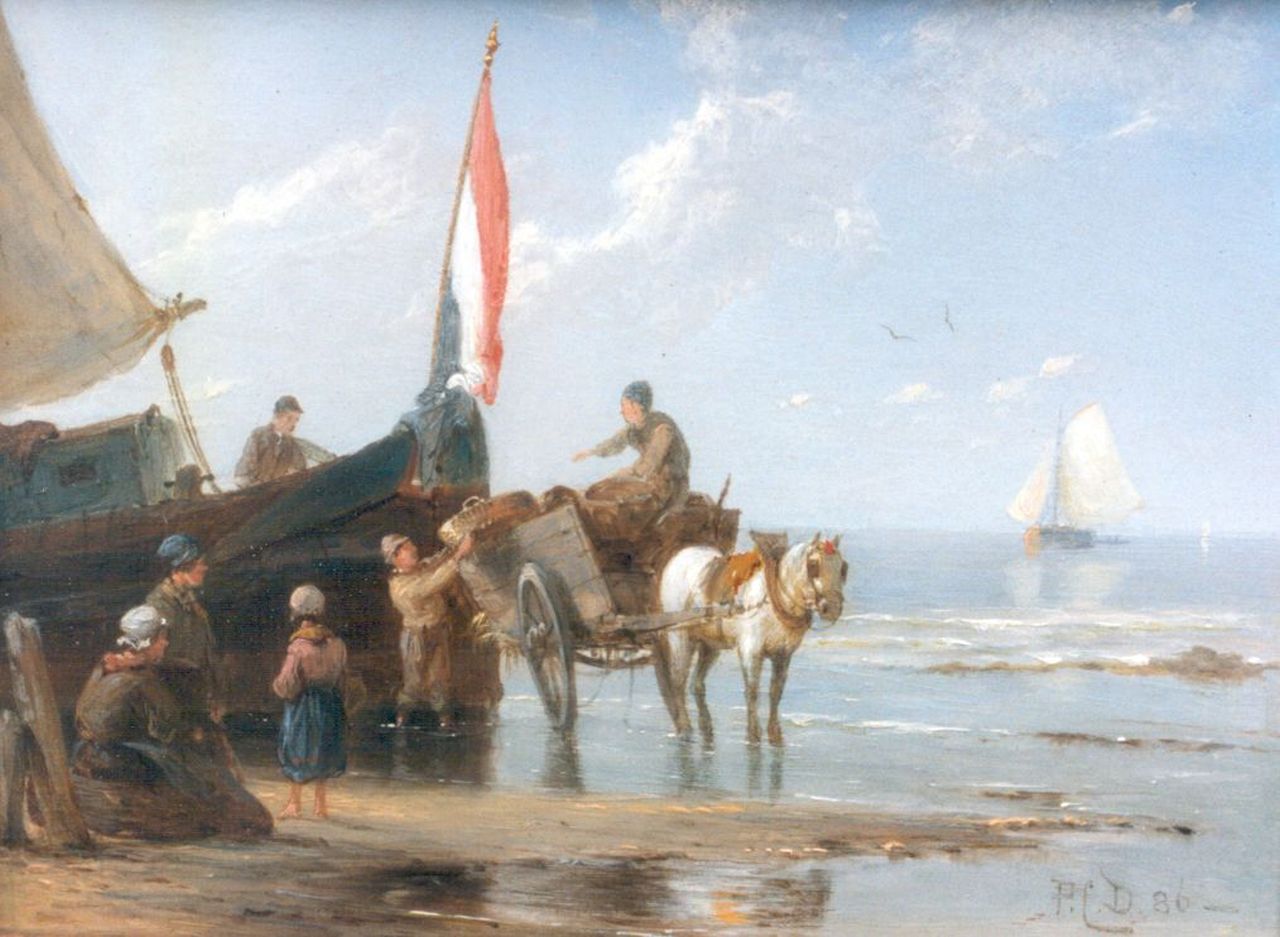 Dommershuijzen P.C.  | Pieter Cornelis Dommershuijzen, Unloading the catch, oil on panel 14.9 x 20.2 cm, signed with monogram and dated '86