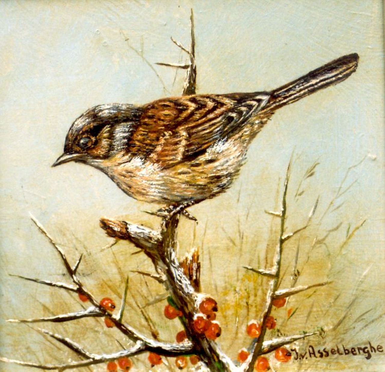 Asselberghe J. van | van Asselberghe, A hedge sparrow, oil on panel 13.0 x 13.0 cm, signed l.r.
