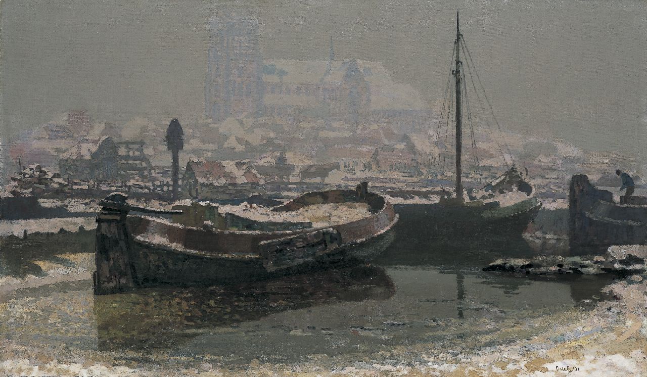 Bakels R.S.  | Reinier Sybrand Bakels, The harbour of Dordrecht in winter, oil on canvas 73.0 x 124.0 cm, signed l.r. and dated '31