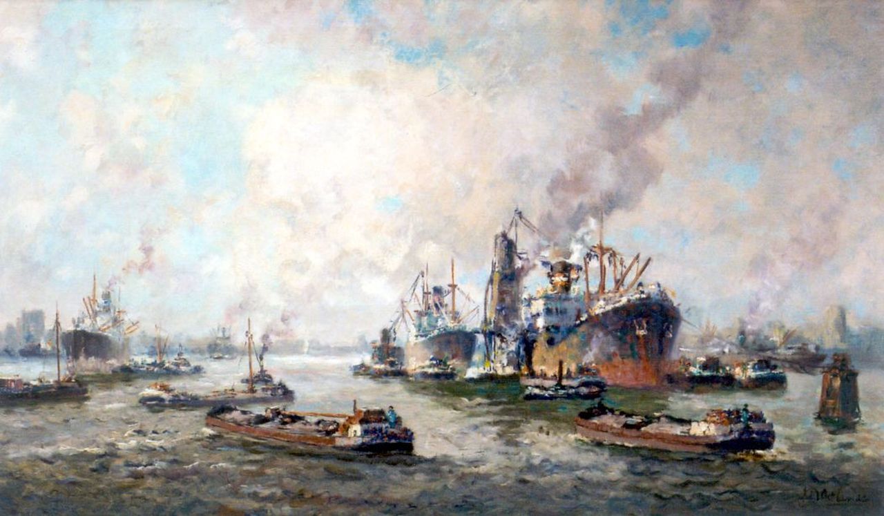 Molenaar J.P.  | Johannes Petrus 'Joop' Molenaar, Harbour activities, Rotterdam, oil on canvas 59.9 x 99.9 cm, signed l.r.