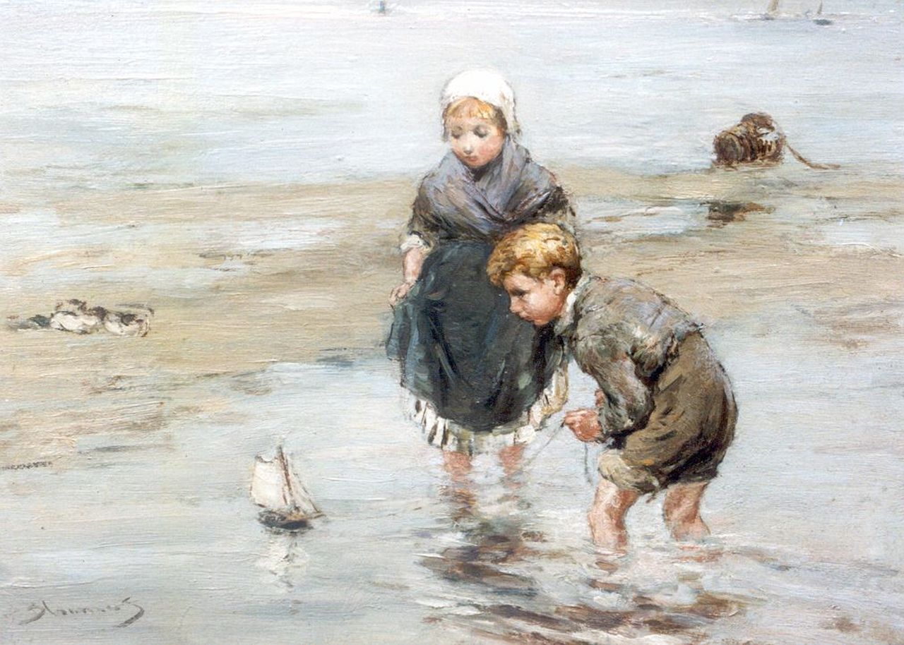 Blommers B.J.  | Bernardus Johannes 'Bernard' Blommers, Children playing on the beach, oil on panel 19.5 x 26.9 cm, signed l.l.
