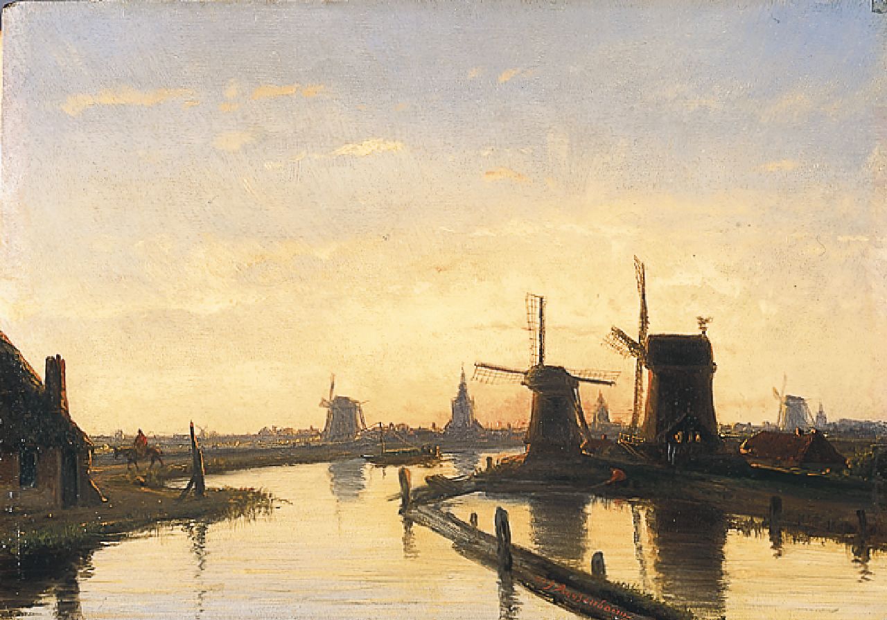 Roosenboom N.J.  | Nicolaas Johannes Roosenboom, Windmills along a waterway near Overschie, oil on panel 21.5 x 30.8 cm, signed c.r.