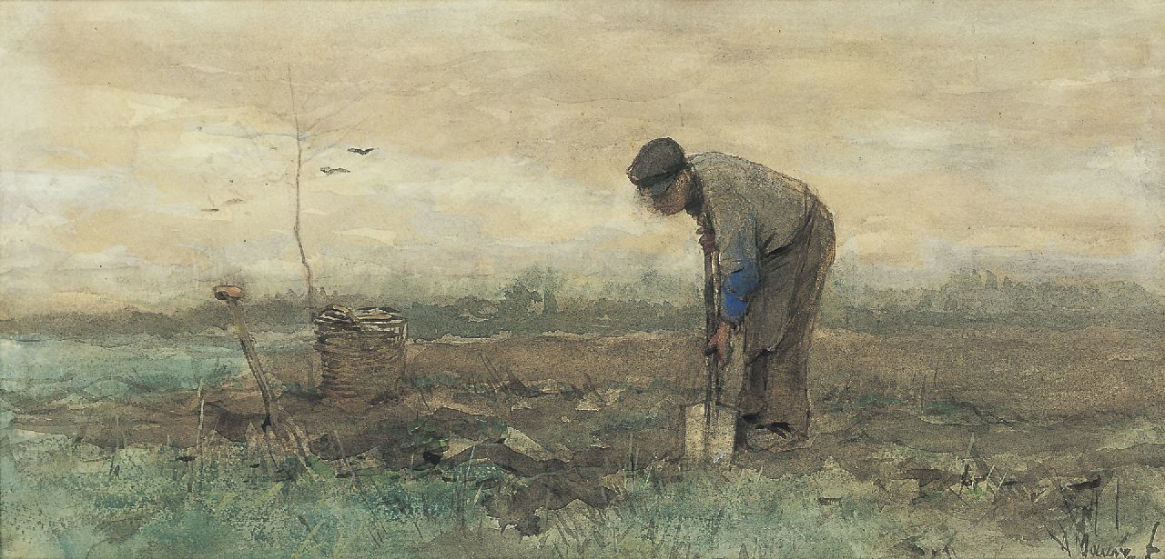 Mauve A.  | Anthonij 'Anton' Mauve, A farmer working on a field, watercolour on paper 19.9 x 40.4 cm, signed l.r.