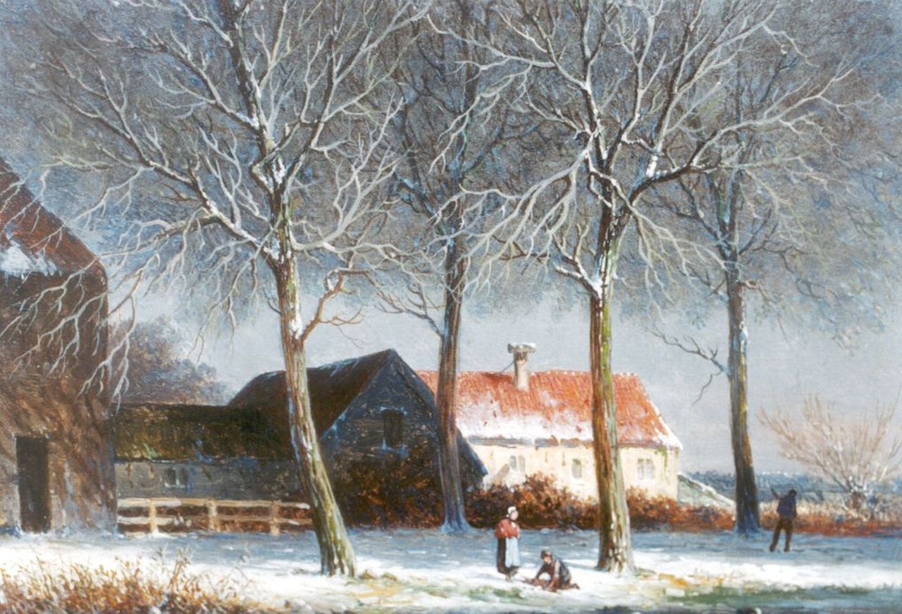 Eversen A.  | Adrianus Eversen, A path near a farm in winter, oil on panel 17.6 x 24.0 cm, signed l.l.