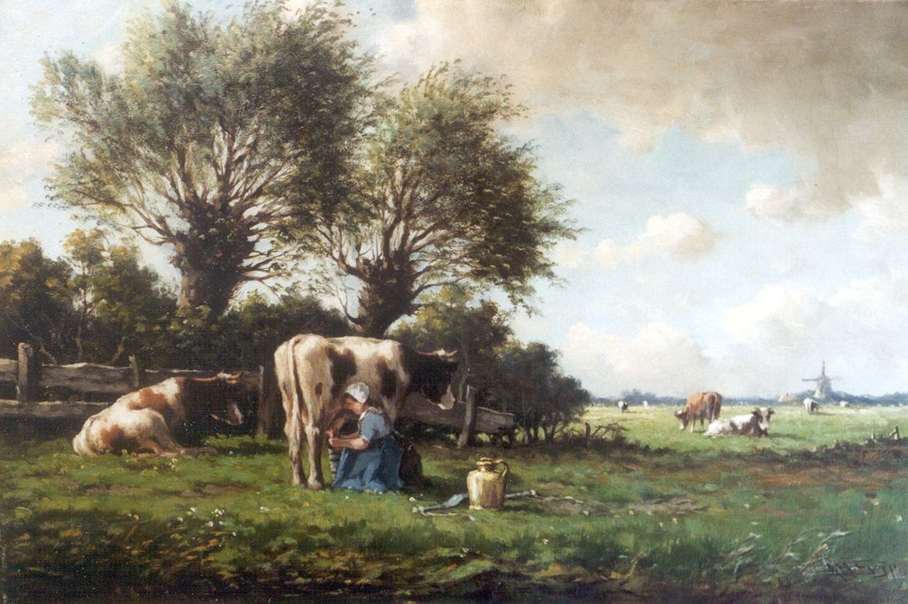Geijp A.M.  | Adriaan Marinus Geijp, Milk-maid at work, oil on canvas 36.5 x 54.7 cm, signed l.r.
