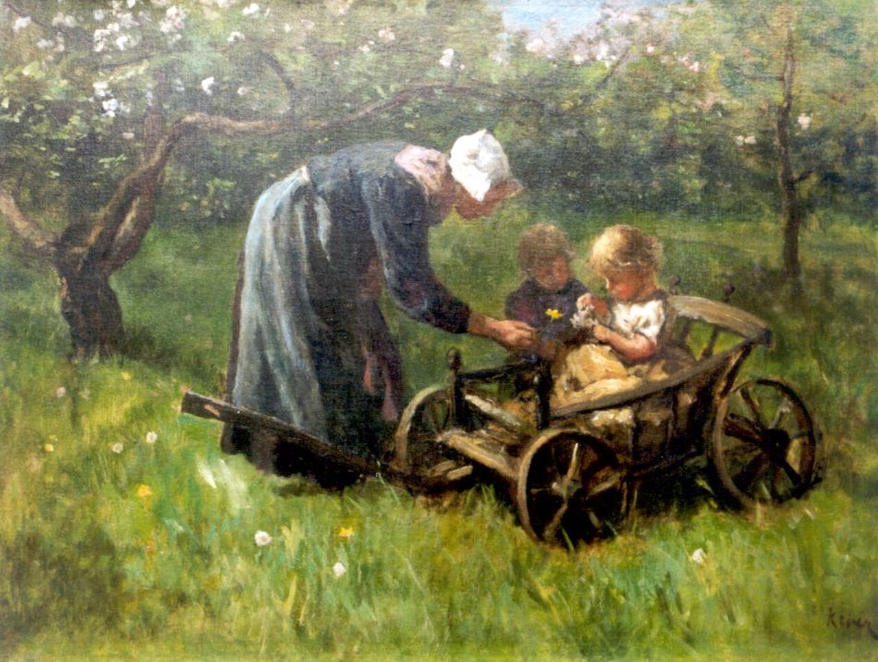 Kever J.S.H.  | Jacob Simon Hendrik 'Hein' Kever, Mother and children in an orchard, oil on canvas 47.5 x 62.0 cm, signed l.r.