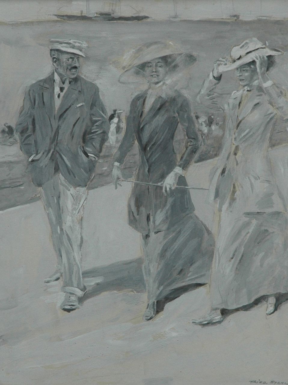 Stahl F.  | Friedrich Stahl, Strolling on the boulevard, gouache on cardboard 18.0 x 23.5 cm, signed l.r.