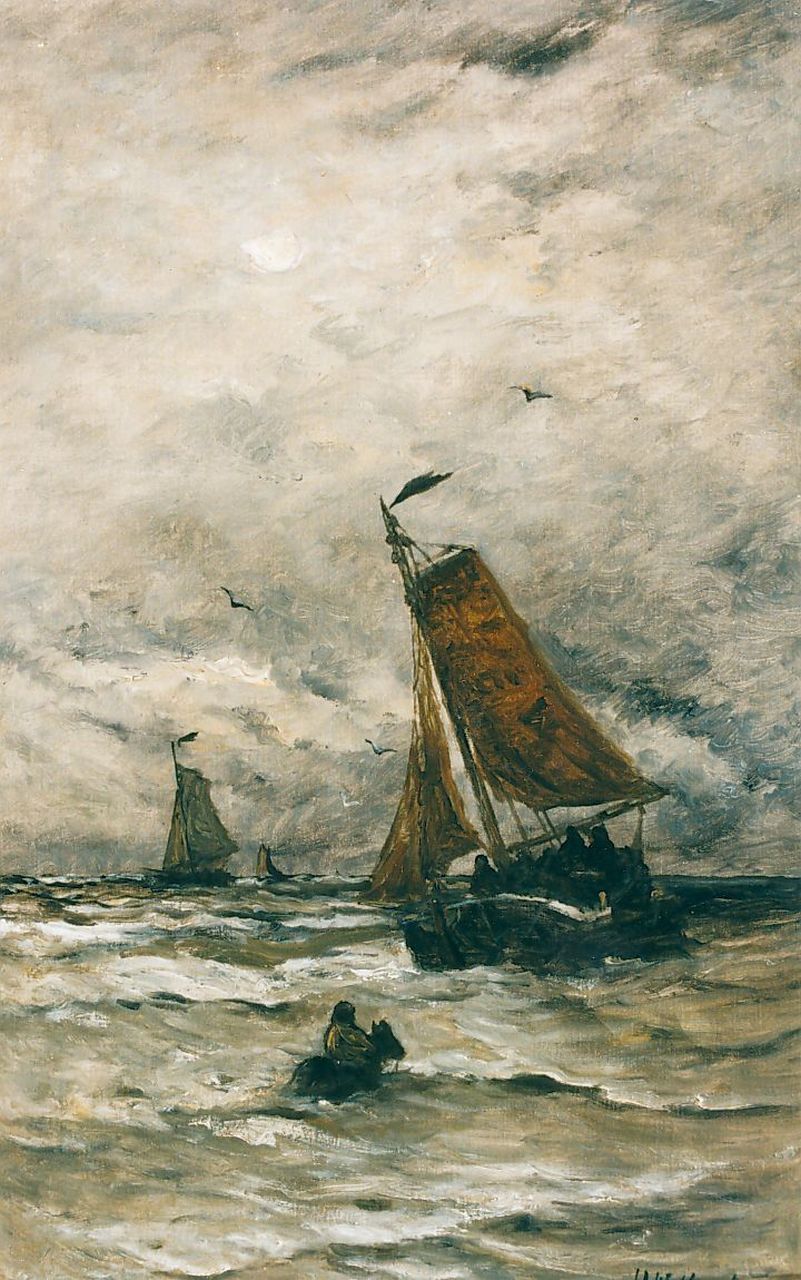 Mesdag H.W.  | Hendrik Willem Mesdag, A sailing vessel in the surf, oil on canvas 78.0 x 48.2 cm