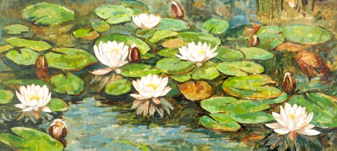 Braake F.L. ter | Fredrik Leonard 'Frits' ter Braake, Water lilies, oil on canvas 45.1 x 95.2 cm, signed l.l.