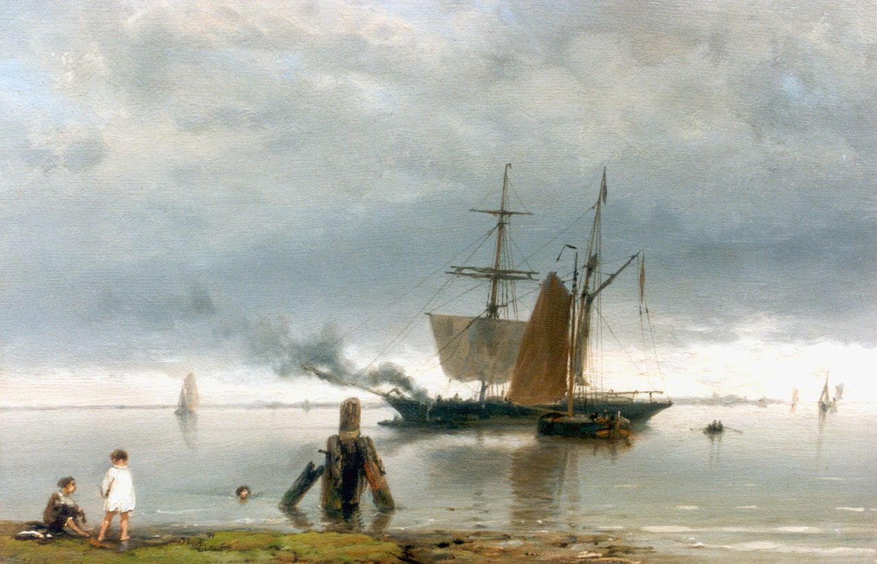 Koekkoek H.  | Hermanus Koekkoek, Shipping in a calm, oil on panel 17.1 x 25.7 cm, signed l.l.