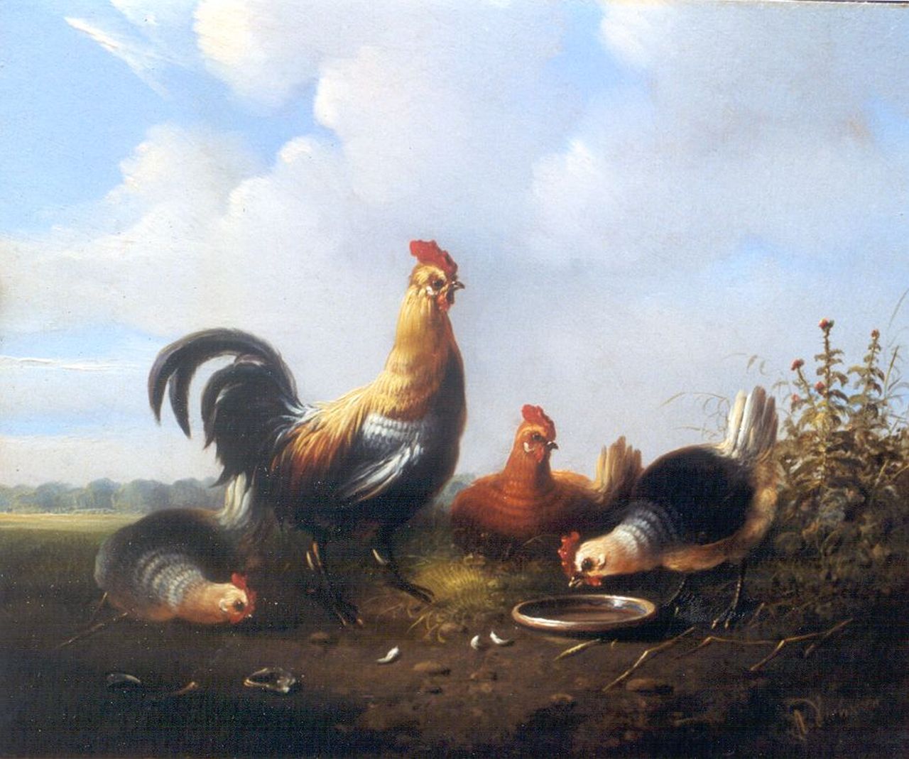 Verhoesen A.  | Albertus Verhoesen, Poultry in a meadow, oil on panel 19.7 x 23.7 cm, signed l.r.