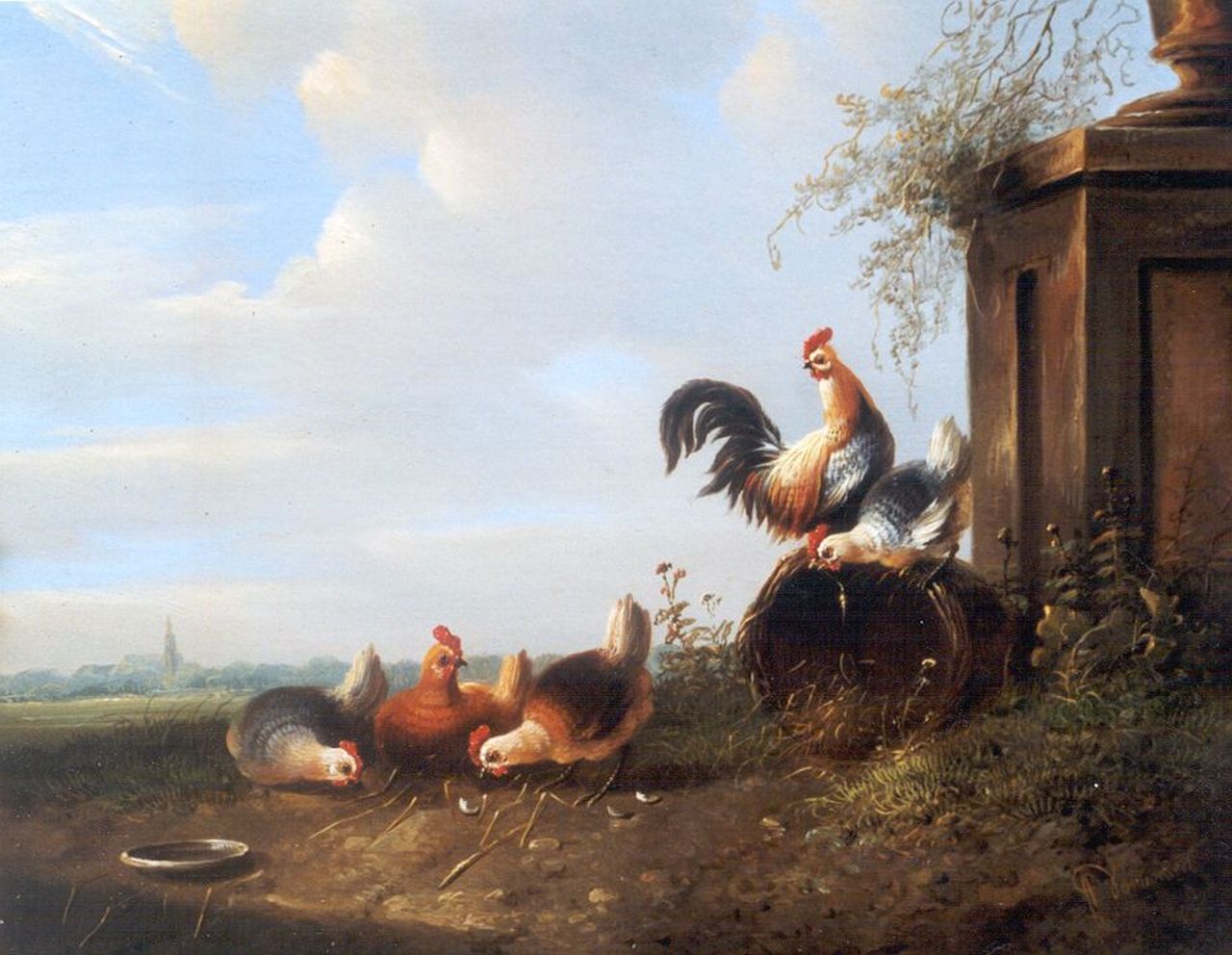Verhoesen A.  | Albertus Verhoesen, Chickens and a rooster in a landscape, oil on panel 19.6 x 23.9 cm, signed l.r.