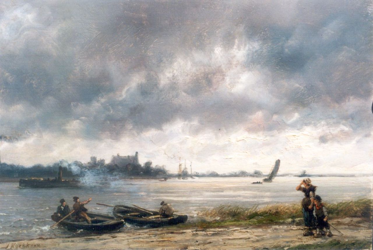 Koekkoek H.  | Hermanus Koekkoek, A river landscape with a steamboat, oil on panel 16.0 x 24.0 cm, signed l.l.