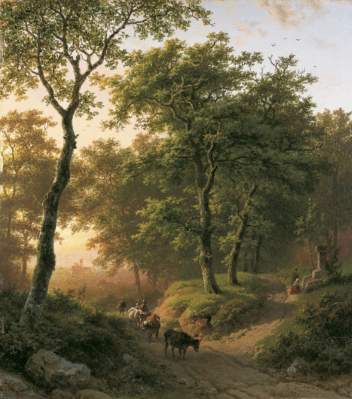 Koekkoek B.C.  | Barend Cornelis Koekkoek, A forest landscape by sunset, oil on panel 32.6 x 29.2 cm, signed l.r. and dated 1850