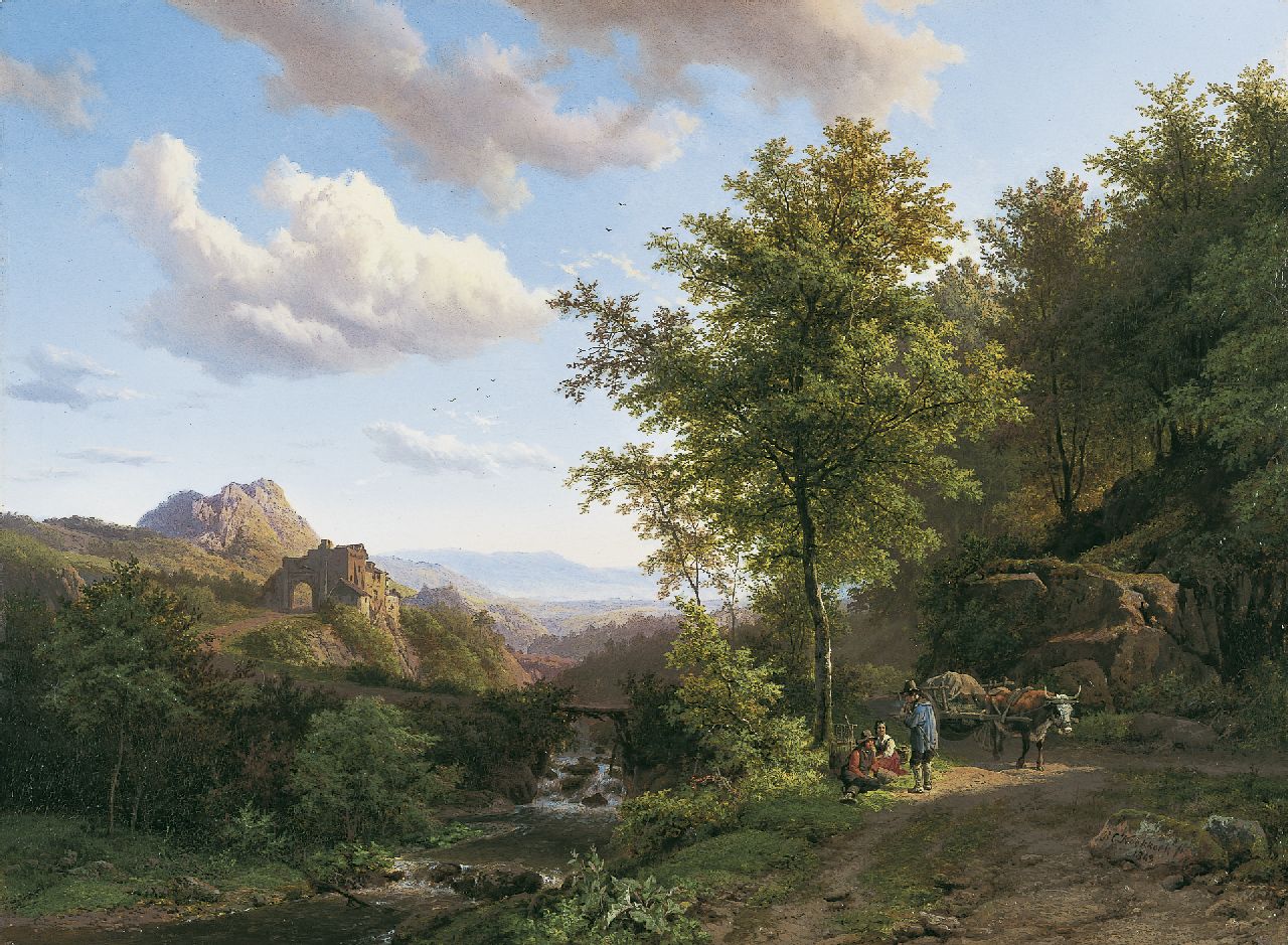 Koekkoek B.C.  | Barend Cornelis Koekkoek, A mountainous landscape with figures on a path, oil on panel 38.5 x 51.9 cm, signed l.r. and dated 1843