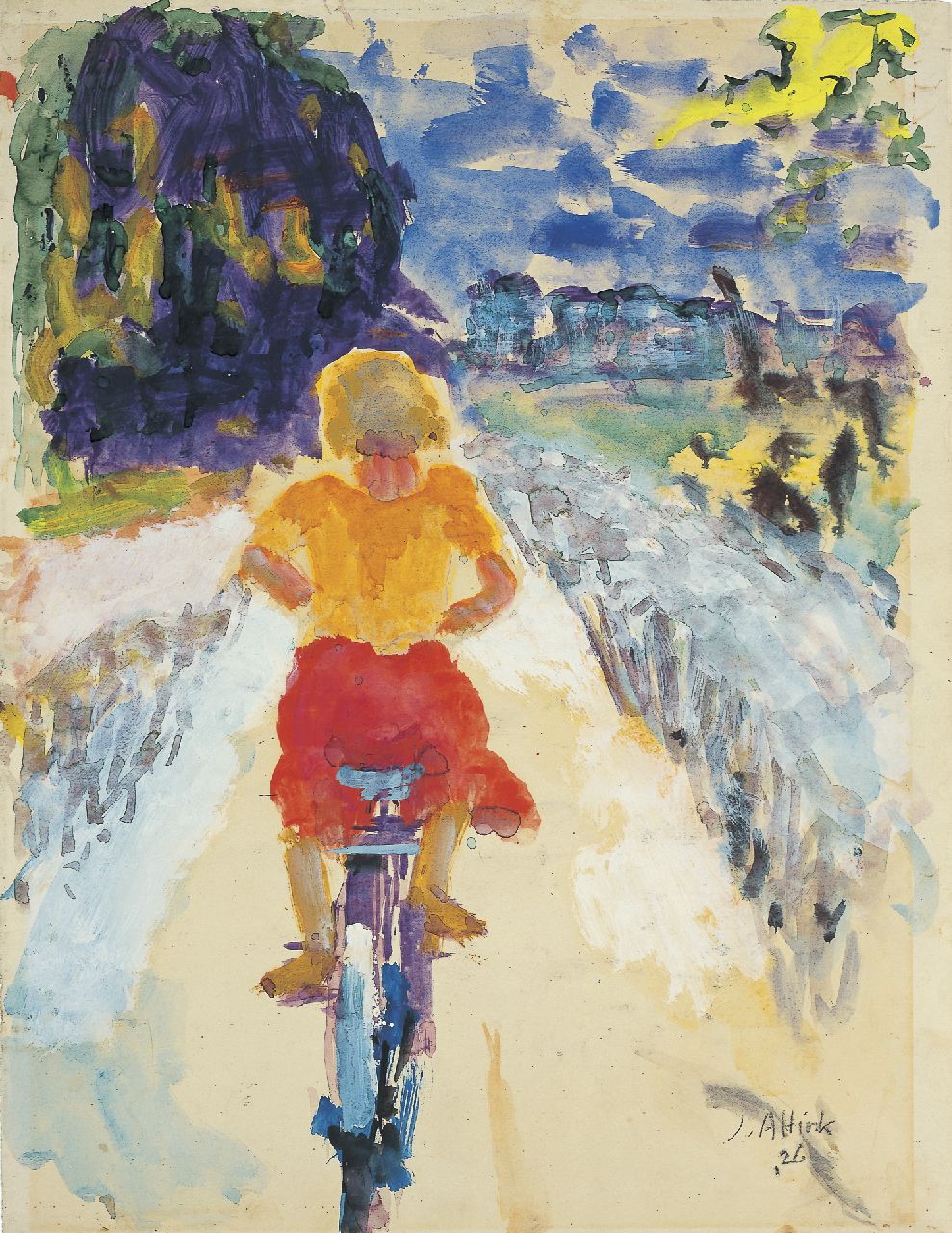 Altink J.  | Jan Altink, Meisje op de fiets, watercolour on paper 63.0 x 47.0 cm, signed l.r. and dated '26