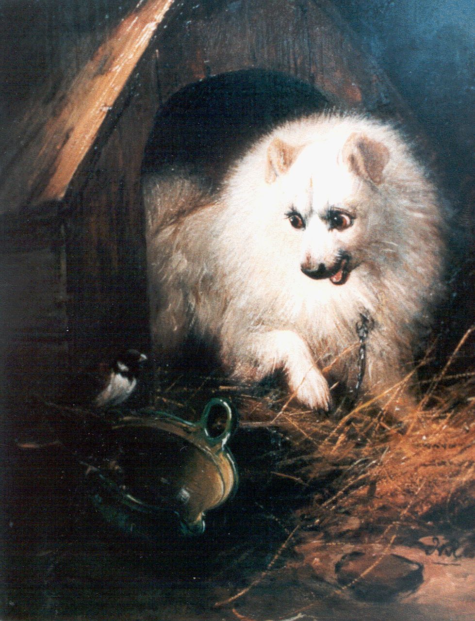 Ronner-Knip H.  | Henriette Ronner-Knip, A dog defending his meal, oil on panel 20.3 x 16.5 cm, signed l.r. with monogram