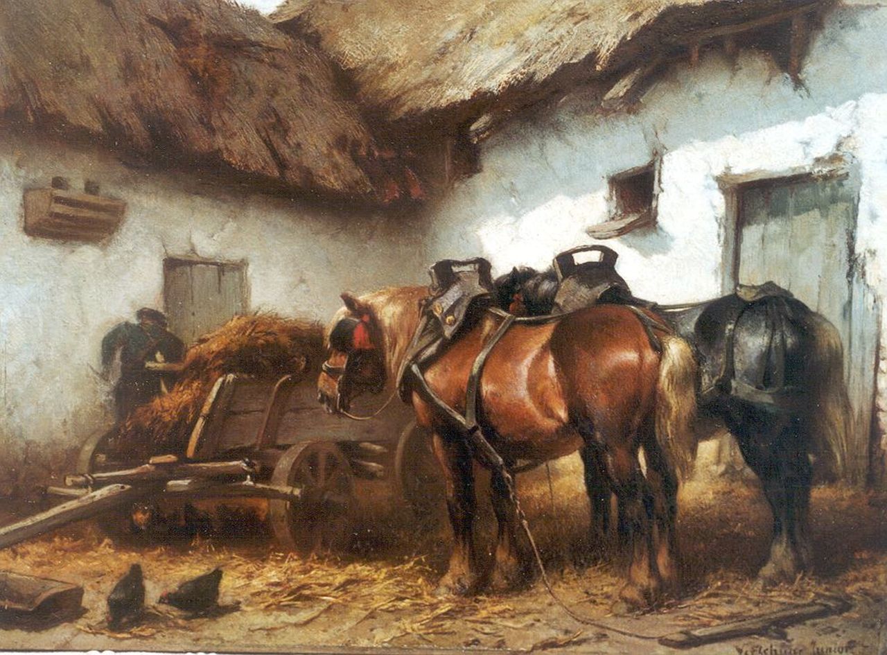 Verschuur jr. W.  | Wouter Verschuur jr., A farmer and horses on a yard, oil on panel 24.5 x 33.4 cm, signed l.r.