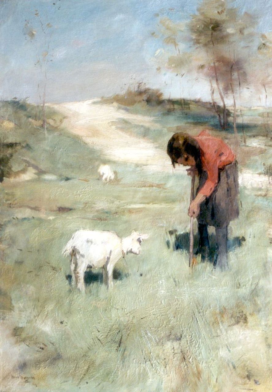Meegeren H.A. van | Henricus Antonius 'Han' van Meegeren, A girl and a goat in a landscape, oil on canvas 70.3 x 49.8 cm, signed l.l. and dated '16