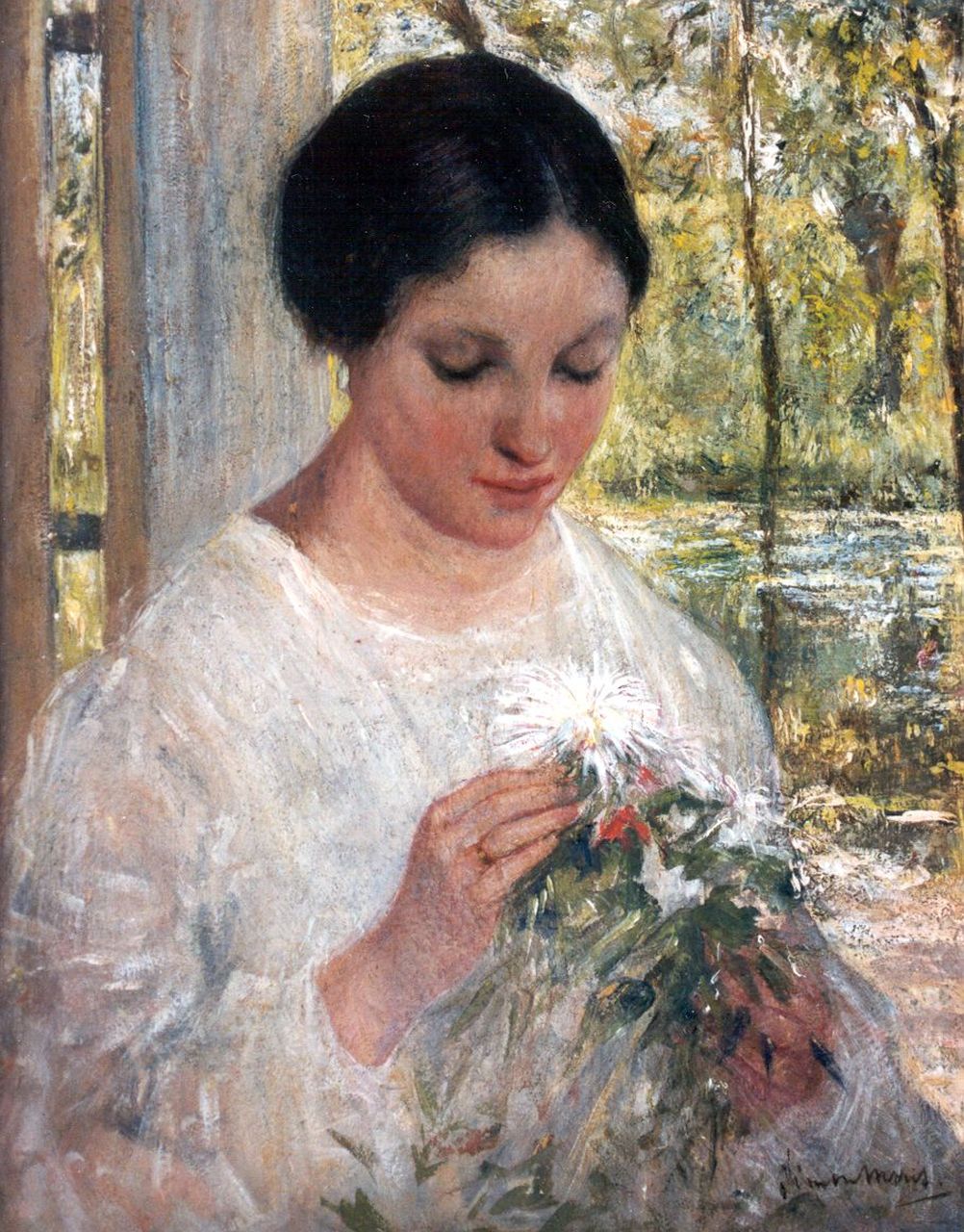 Maris S.W.  | Simon Willem Maris, A young woman with a bouquet, oil on panel 30.8 x 24.1 cm, signed l.r.