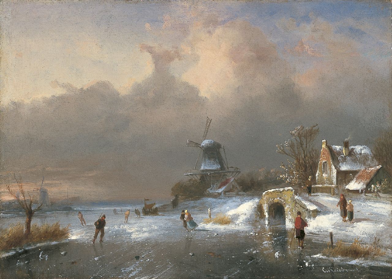 Leickert C.H.J.  | 'Charles' Henri Joseph Leickert, A winter landscape with skaters, oil on panel 23.7 x 33.1 cm, signed l.r.