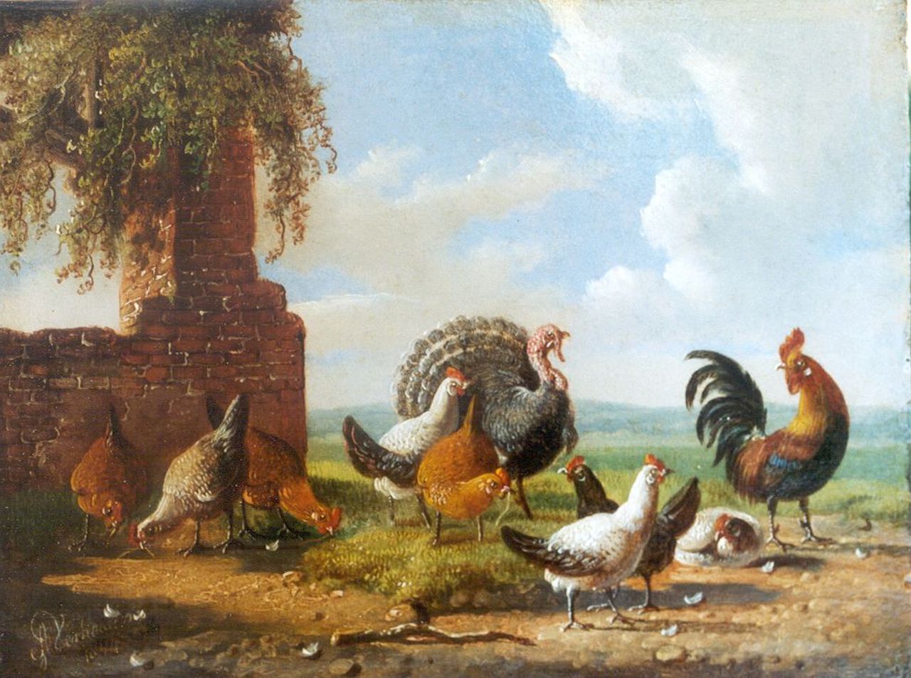 Verhoesen A.  | Albertus Verhoesen, A rooster, chickens and a turkey in a landscape, oil on panel 13.1 x 17.3 cm, signed l.l. and dated 1854