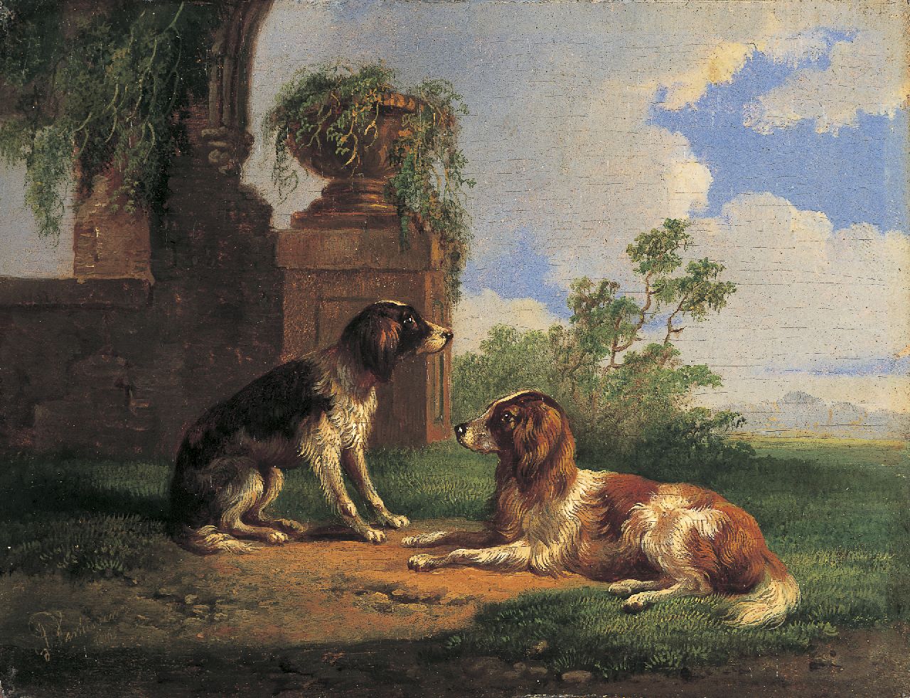 Verhoesen A.  | Albertus Verhoesen, Two retrievers in a classical landscape, oil on panel 13.0 x 16.9 cm, signed l.l. and dated 1865