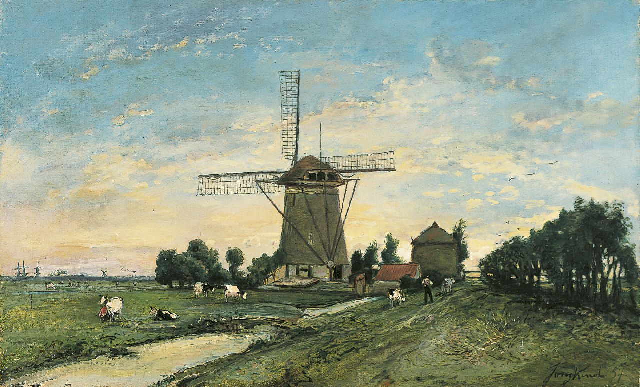 Jongkind J.B.  | Johan Barthold Jongkind, A windmill, Overschie, oil on canvas 34.7 x 55.8 cm, signed l.r. and dated '57