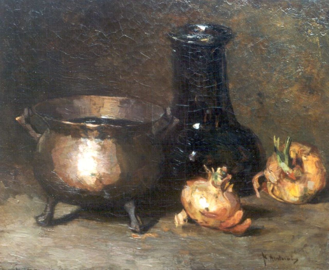 Arntzenius P.F.N.J.  | Pieter Florentius Nicolaas Jacobus 'Floris' Arntzenius, A still life with onions and a copper bowl, oil on canvas 38.5 x 46.3 cm, signed l.r.