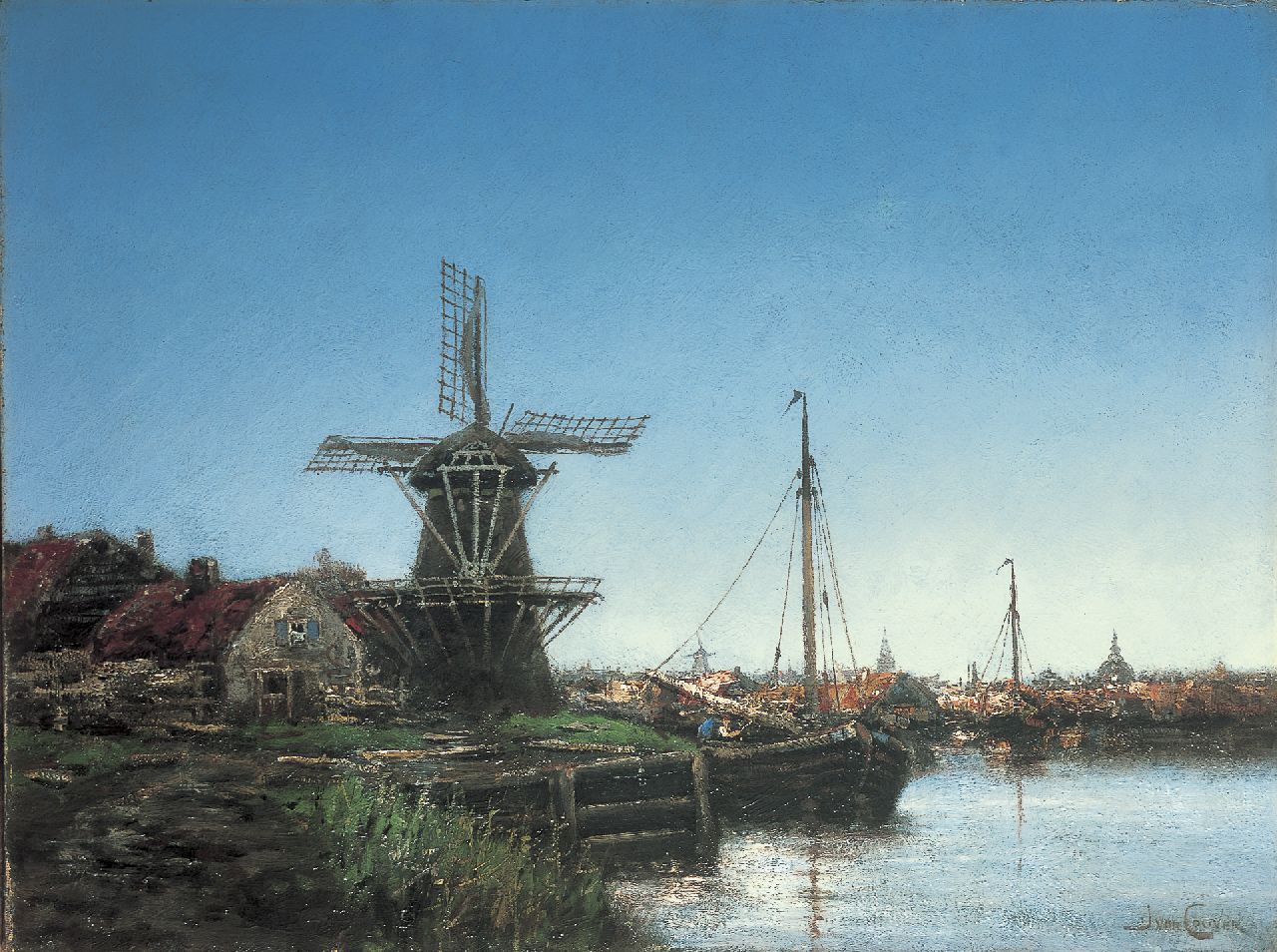 Koekkoek jr. H.  | Hermanus Koekkoek jr., A harbour with a windmill, oil on canvas 45.8 x 61.1 cm, signed l.r. with pseudonym 'J. van Couver'
