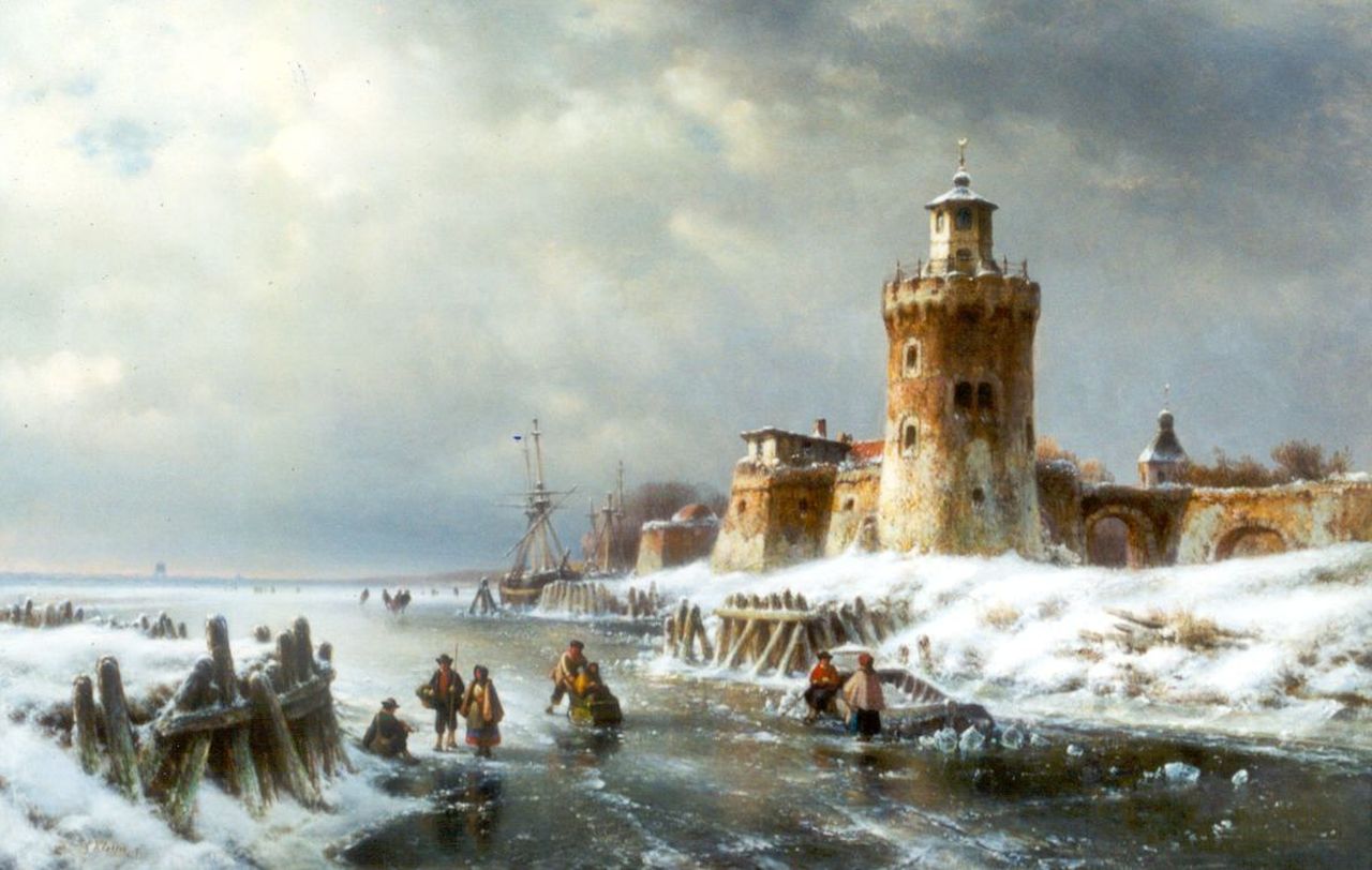 Kleijn L.J.  | Lodewijk Johannes Kleijn, Skaters on the ice by a fortified town, oil on panel 66.5 x 102.3 cm, signed l.l.