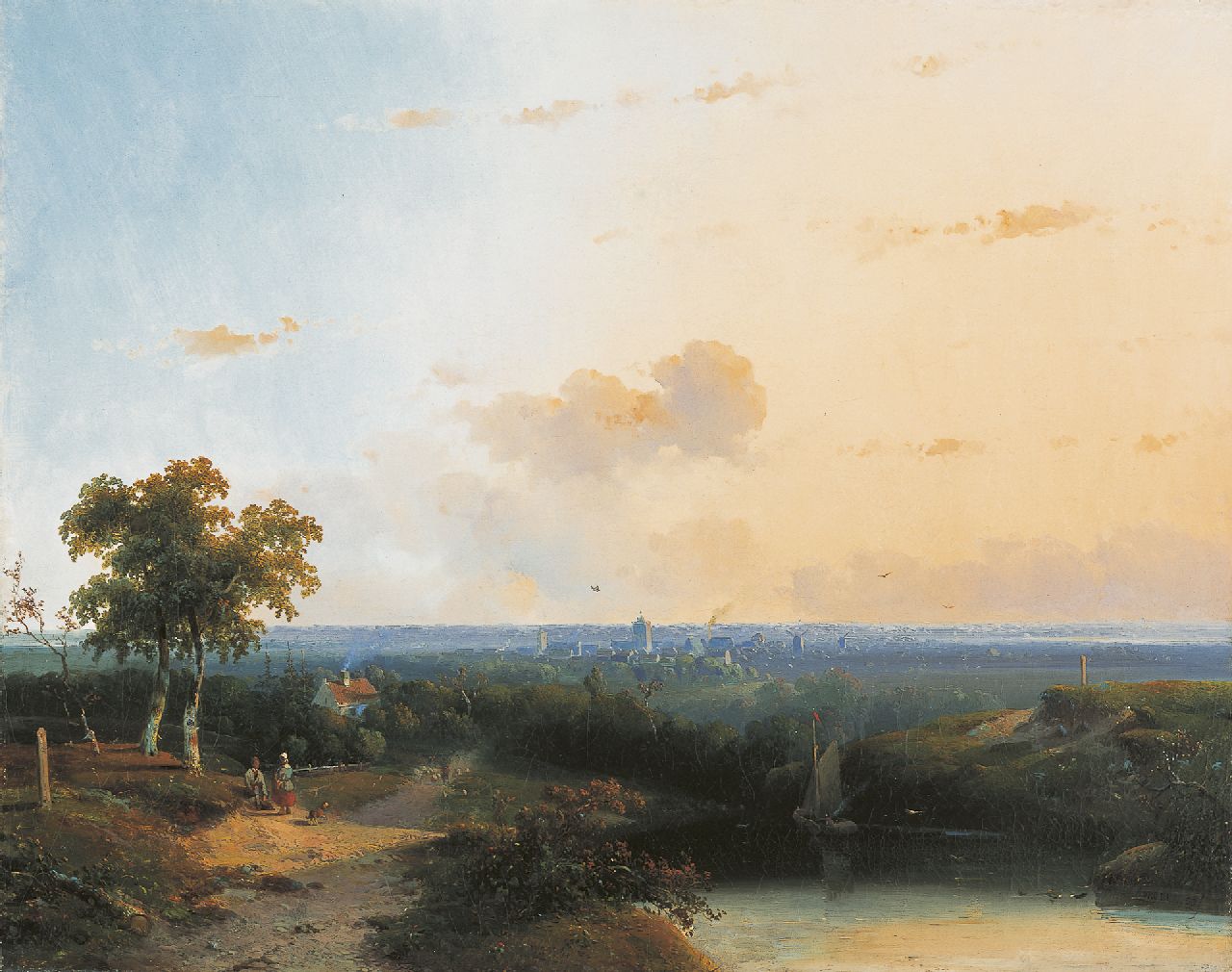 Vrolijk J.A.  | Jacobus 'Adriaan' Vrolijk, Panoramic summer landscape with pedestrians by a lake, oil on canvas 50.5 x 63.0 cm, signed l.r. and dated '53