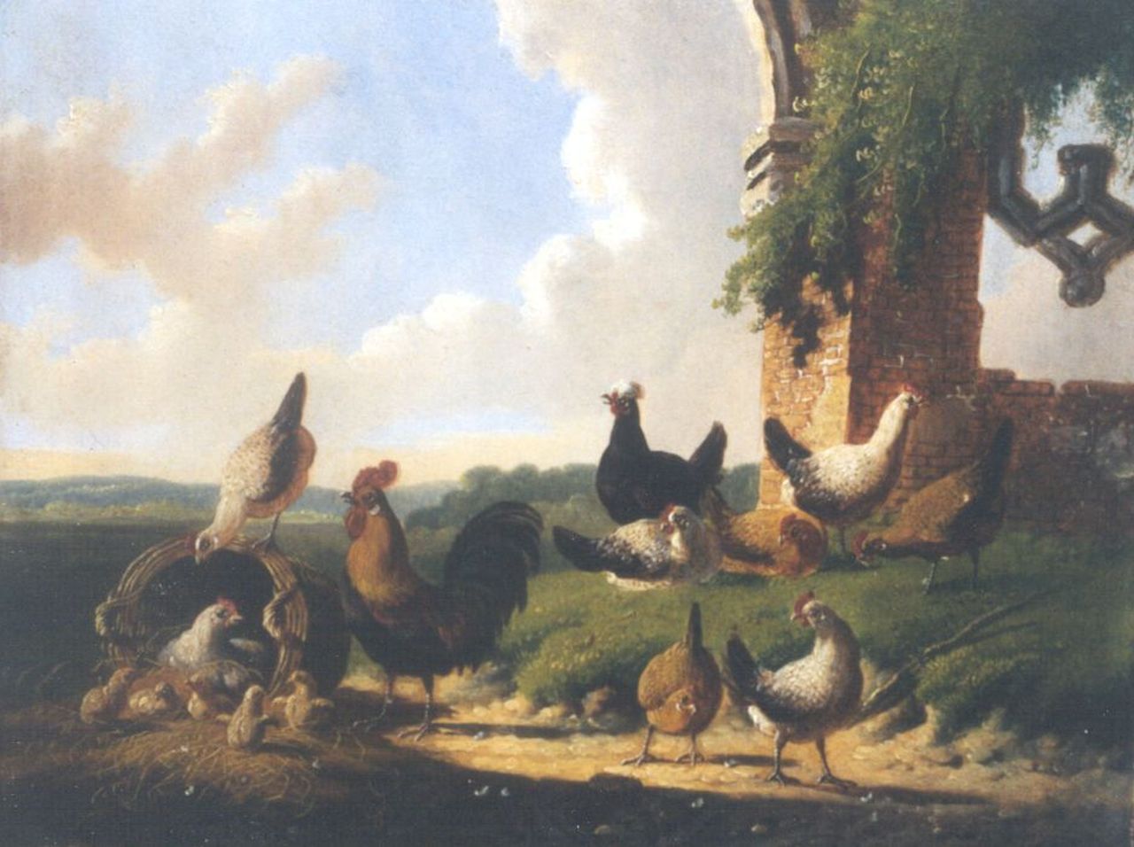 Verhoesen A.  | Albertus Verhoesen, Poultry in a classical landscape, oil on panel 18.2 x 23.7 cm, signed c.l. and dated 1874
